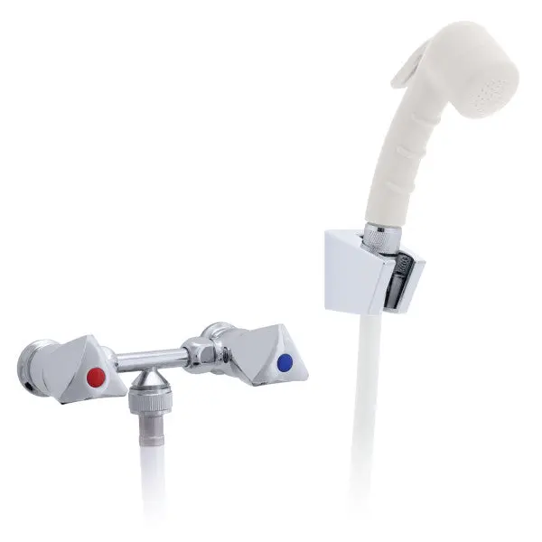 Ambassador Marine – Trinidad- 2H External Shower Mixer Small Warm White Sprayer, 10' White Rubber Marine Hose, Chrome/Warm White – 134-0217-Cw 1