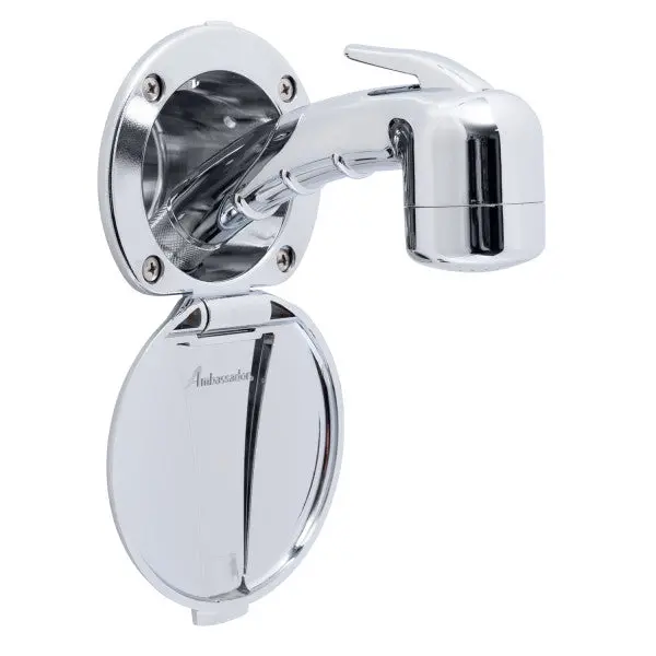 Ambassador Marine – Recessed Marine Shower- Chrome Cup & Lid, Small Chrome Sprayer No Hook, 6' Black Rubber Marine Hose – 136-0006-Cp-R 1