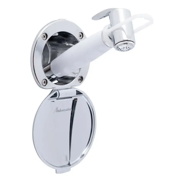 Ambassador Marine – Recessed Marine Shower- Chrome Cup & Lid, Hammer-Head Arctic White Sprayer, 6' White Rubber Marine Hose – 136-0012-Ca-R 1