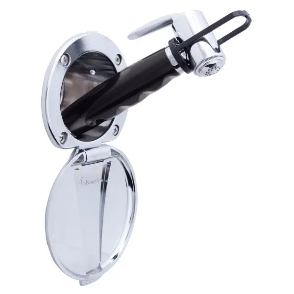 Ambassador Marine – Recessed Marine Shower- Chrome Cup & Lid, Hammer-Head Black Sprayer, 6' Black Rubber Marine Hose – 136-0012-Cp-R 1