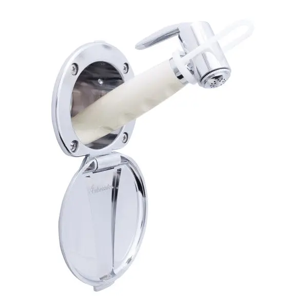 Ambassador Marine – Recessed Marine Shower- Chrome Cup & Lid, Hammer-Head Warm White Sprayer, 6' White Rubber Marine Hose – 136-0012-Cw-R 1