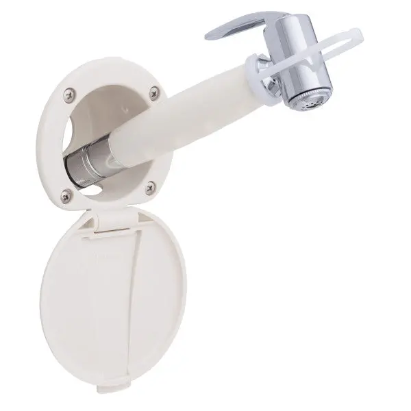 Ambassador Marine – Recessed Marine Shower- Warm White Cup & Lid, Hammer-Head Warm White Sprayer, 6' White Rubber Marine Hose – 136-0012-Wh-R 1