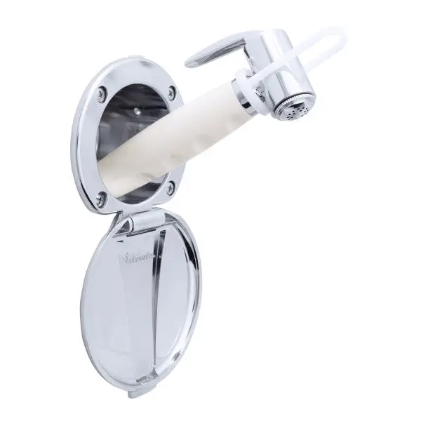 Ambassador Marine – Recessed Marine Shower- Chrome Cup & Lid, Hammer-Head Warm White Sprayer, 10' White Rubber Marine Hose – 136-0014-Cw-R 1