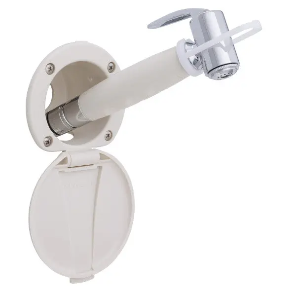 Ambassador Marine – Recessed Marine Shower- Warm White Cup & Lid, Hammer-Head Warm White Sprayer, 10' White Rubber Marine Hose – 136-0014-Wh-R 1