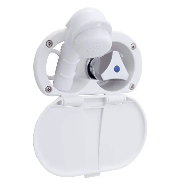 Ambassador Marine – Trinidad- Transom Shower Cold Only, Arctic White Cup & Lid, Small Arctic White Sprayer, 6' White Rubber Marine Hose, Chrome Trinidad Handle – 136-0200-Aw 1