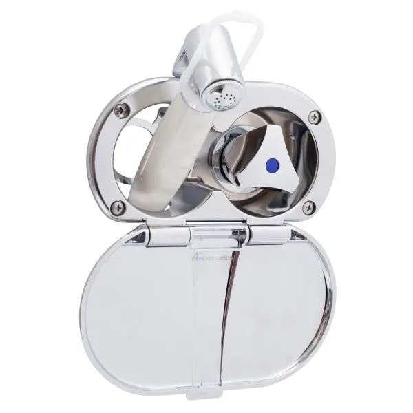 Ambassador Marine – Trinidad- Transom Shower Cold Only, Chrome Cup & Lid, Hammer-Head Warm White Sprayer, 6' White Rubber Marine Hose, Chrome Trinidad Handle – 136-0212-Cw 1