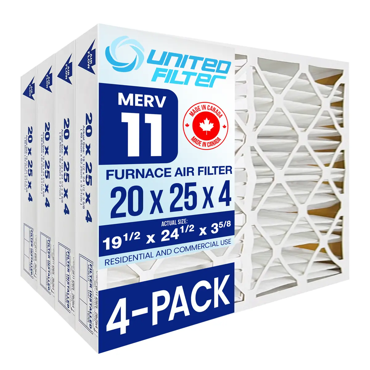20X25x4 Merv 11 - 4 Pack Pleated Furnace Filter 1