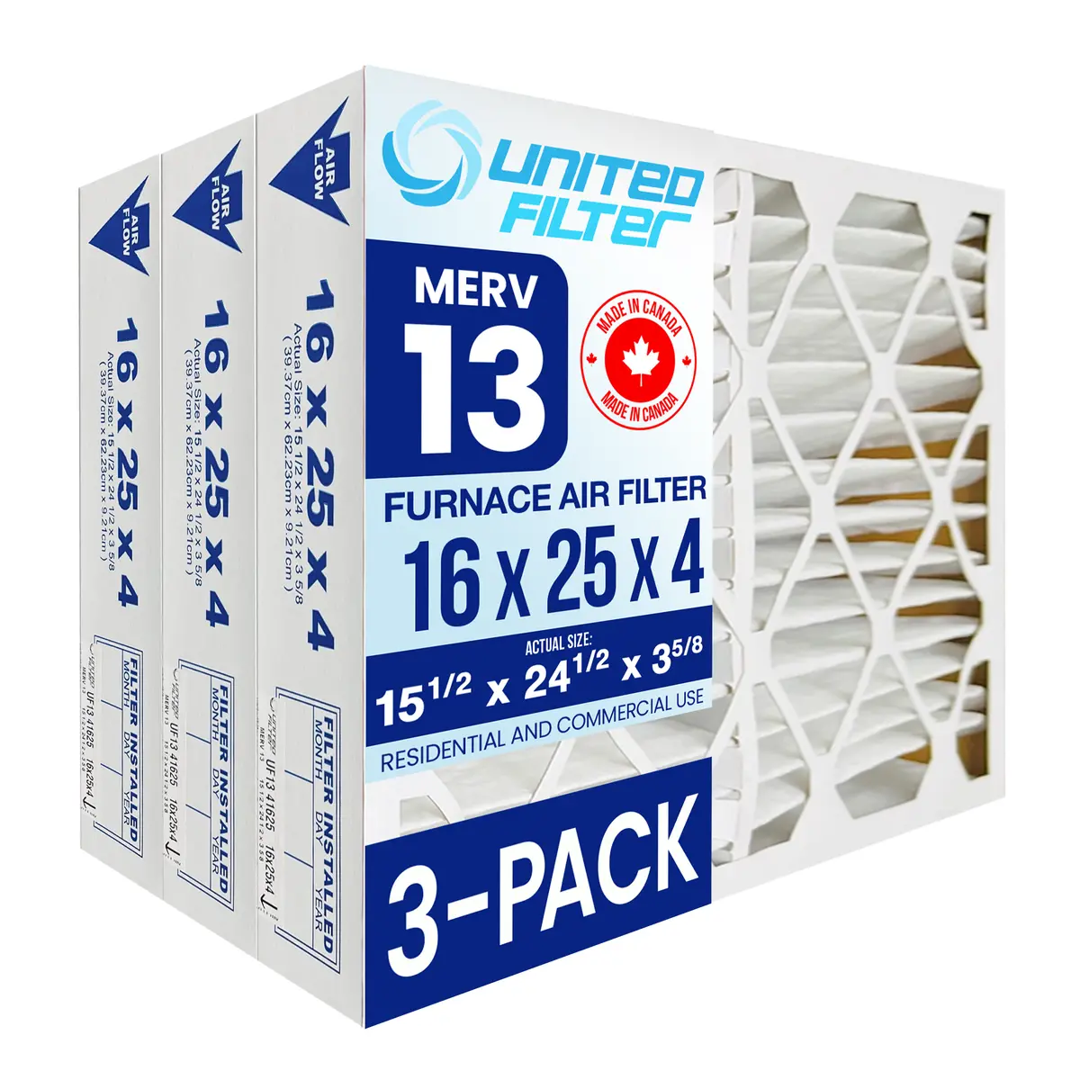 16X25x4 Merv 13 - 3 Pack Pleated Furnace Filter 1