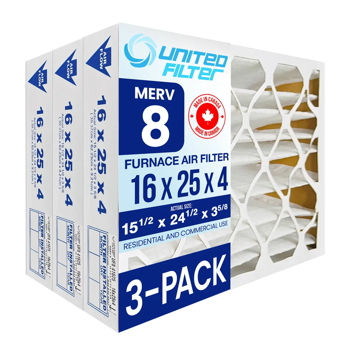 16X25x4 Merv 8 - 3 Pack Pleated Furnace Filter 1