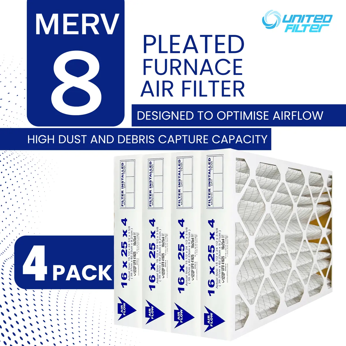 16X25x4 Merv 8 - 4 Pack Pleated Furnace Filter 2