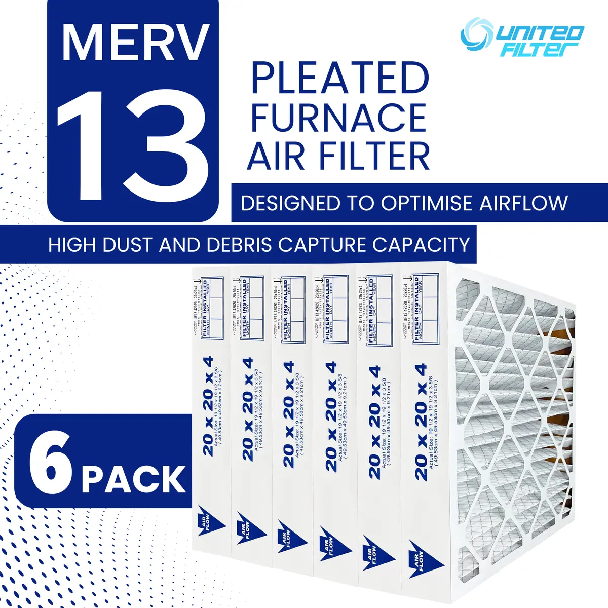 20X20x4 Merv 13 - 6 Pack Pleated Furnace Filter 2