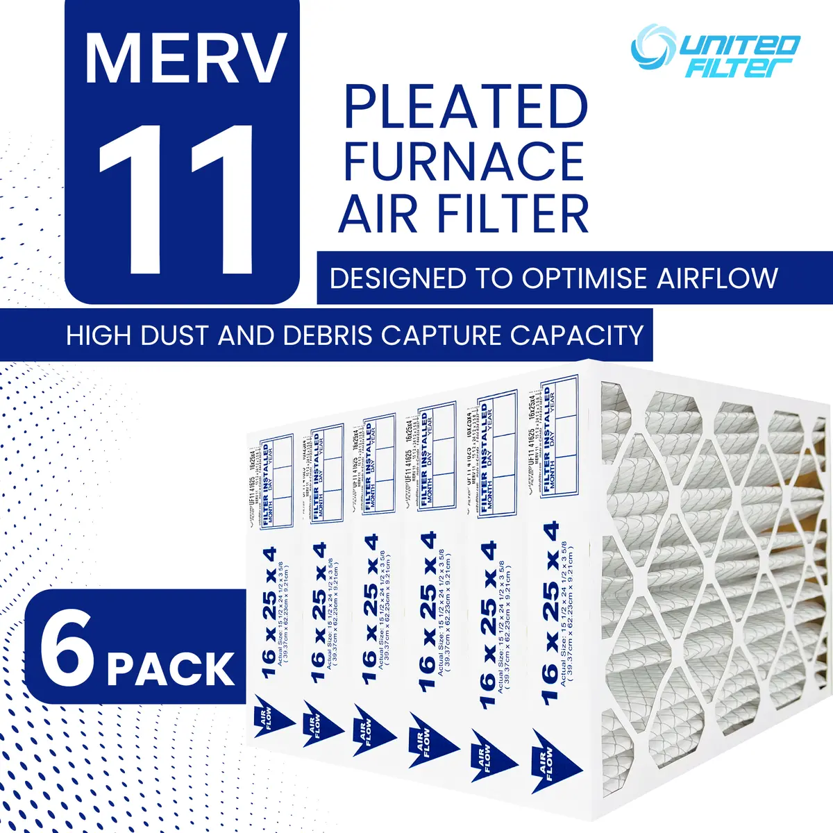 16X25x4 Merv 11 - 6 Pack Pleated Furnace Filter 2