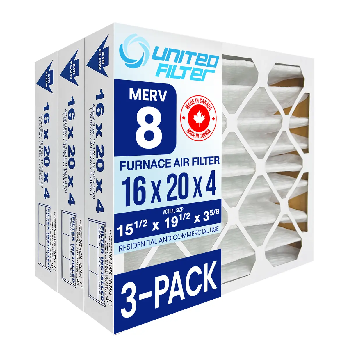 16X20x4 Merv 8 - 3 Pack Pleated Furnace Filter 1