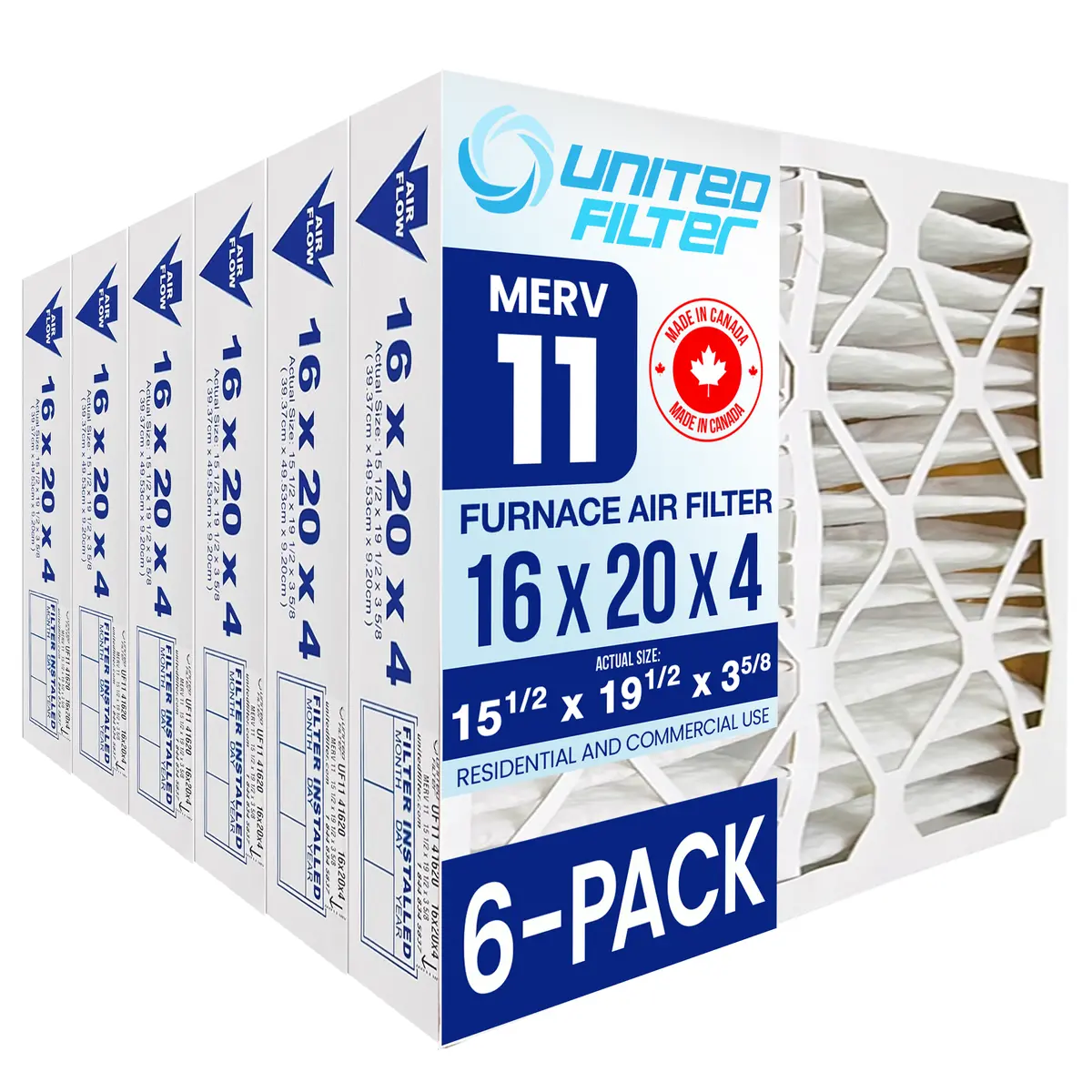 16X20x4 Merv 11 - 6 Pack Pleated Furnace Filter 1
