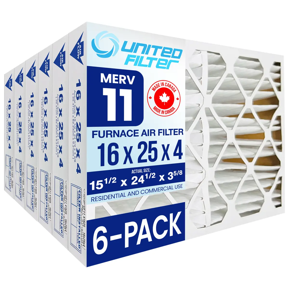 16X25x4 Merv 11 - 6 Pack Pleated Furnace Filter 1