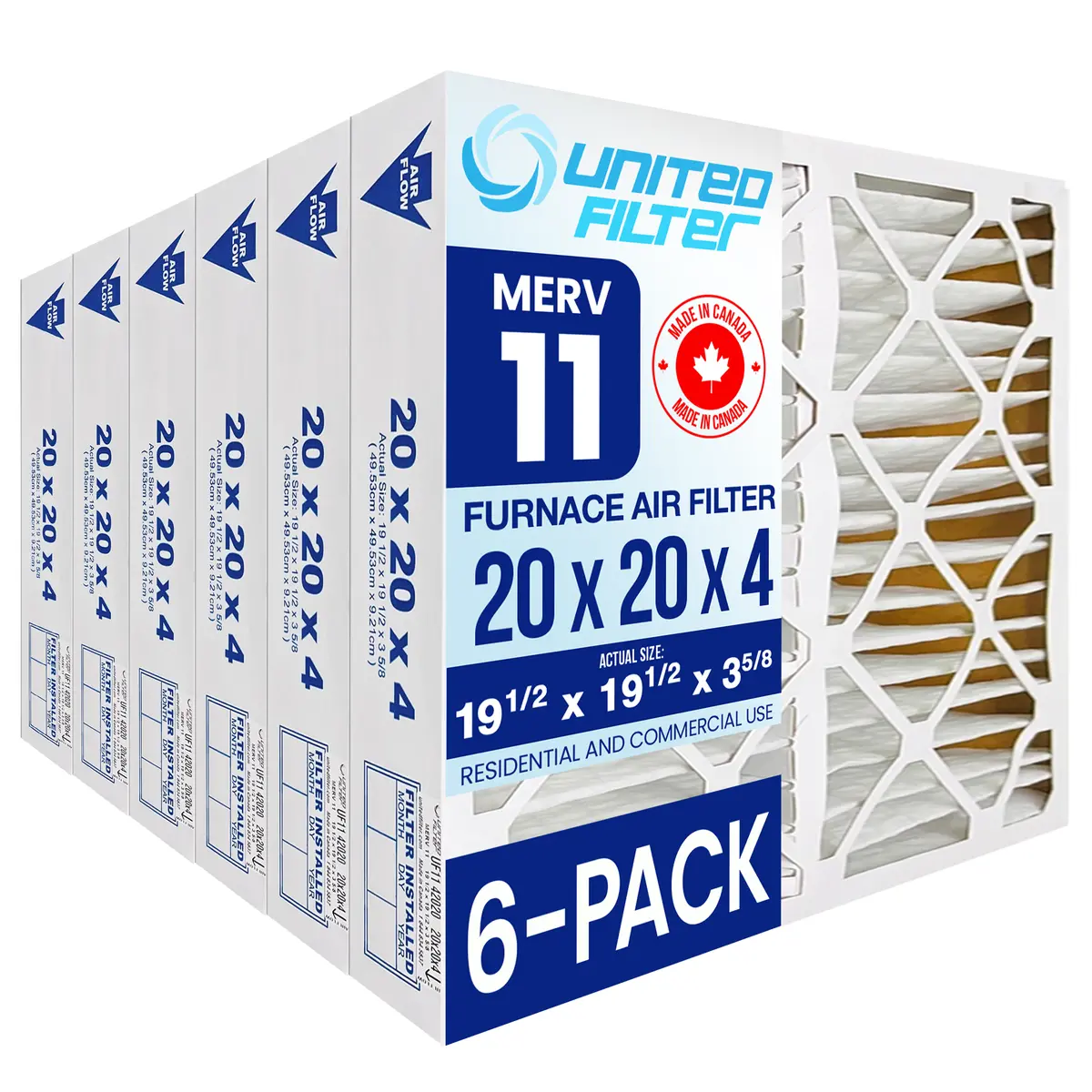 20X20x4 Merv 11 - 6 Pack Pleated Furnace Filter 1
