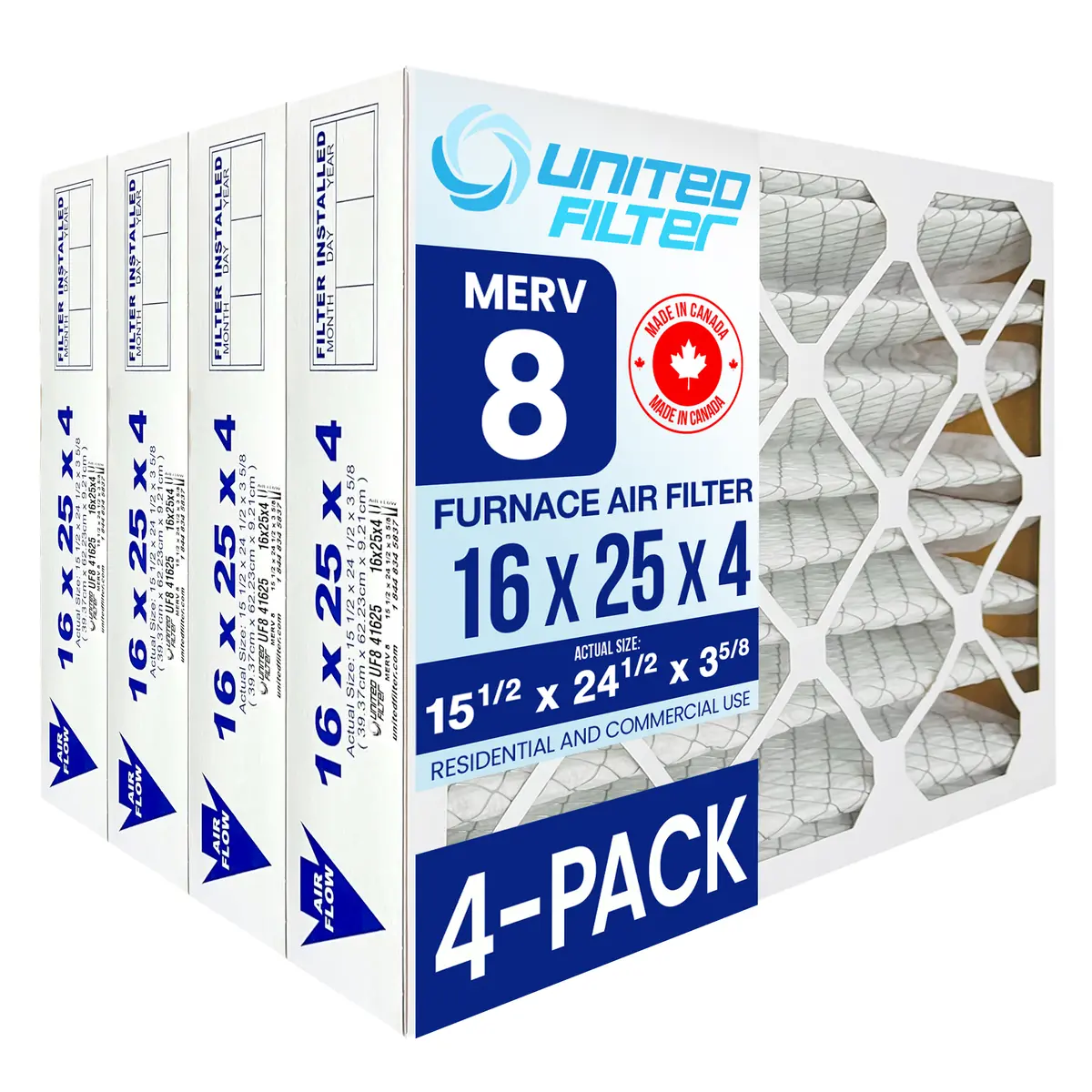 16X25x4 Merv 8 - 4 Pack Pleated Furnace Filter 1