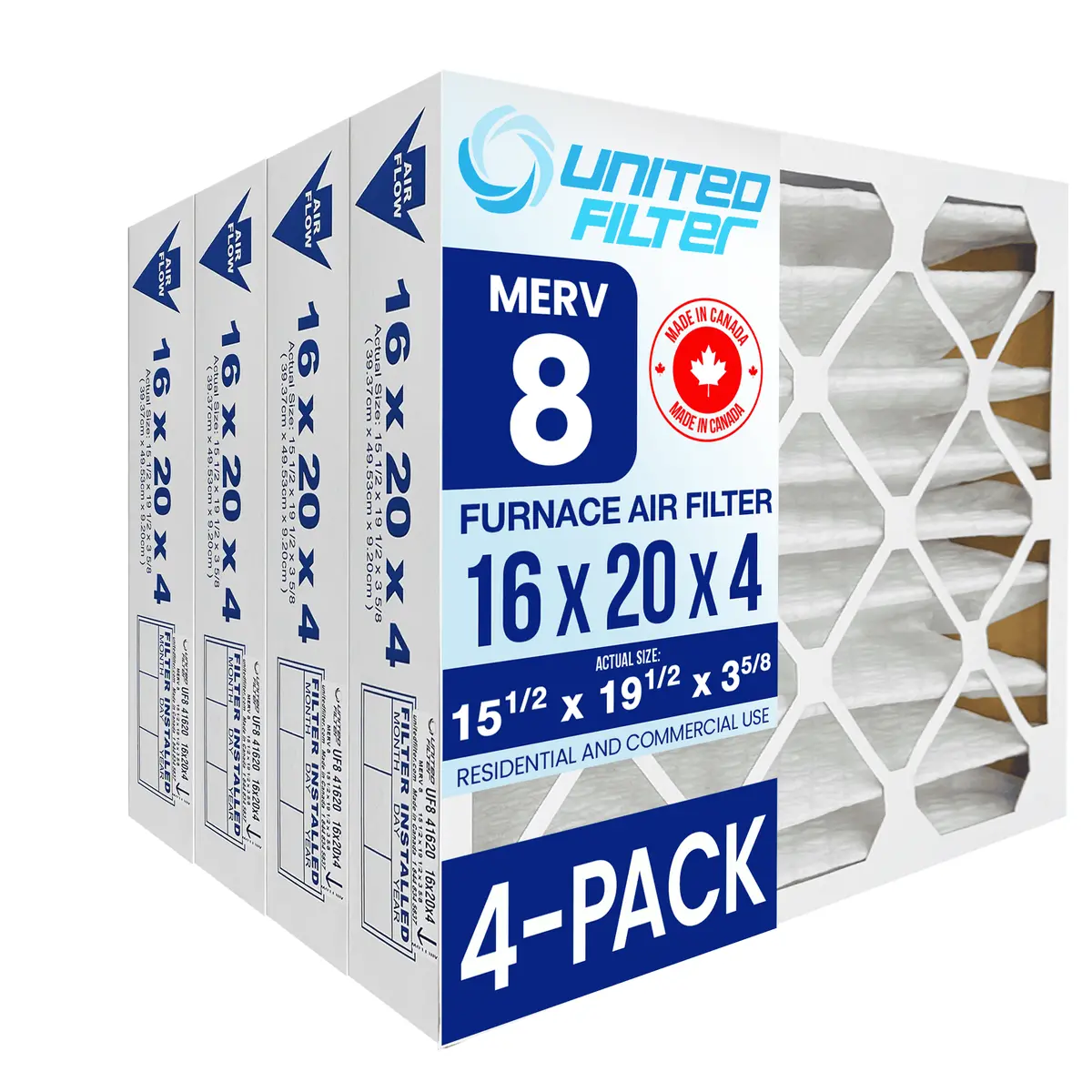16X20x4 Merv 8 - 4 Pack Pleated Furnace Filter 1
