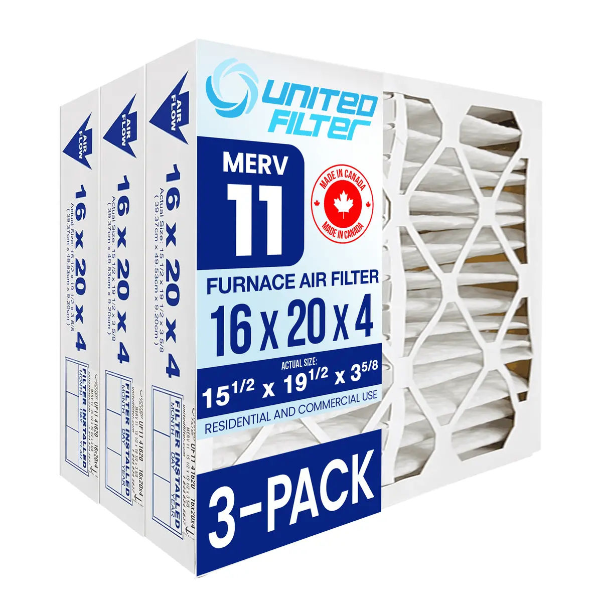 16X20x4 Merv 11 - 3 Pack Pleated Furnace Filter 1