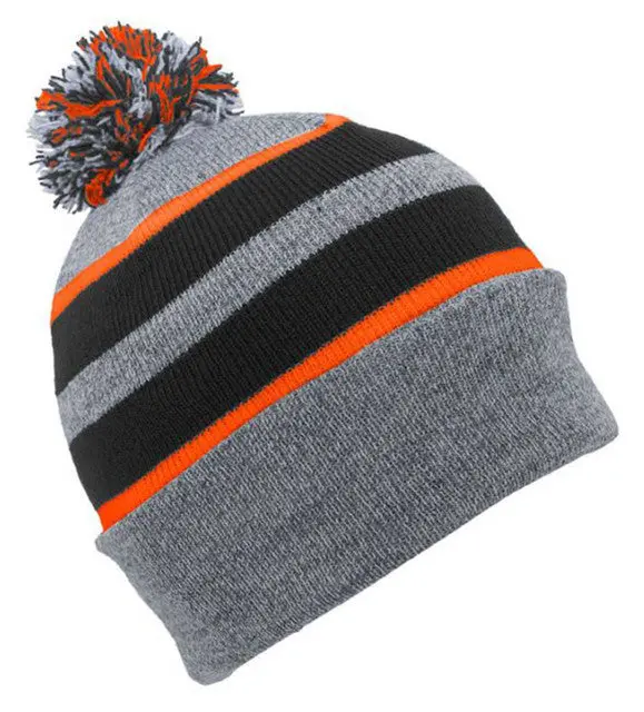 Pom Pom Beanie Orange / Gray 1