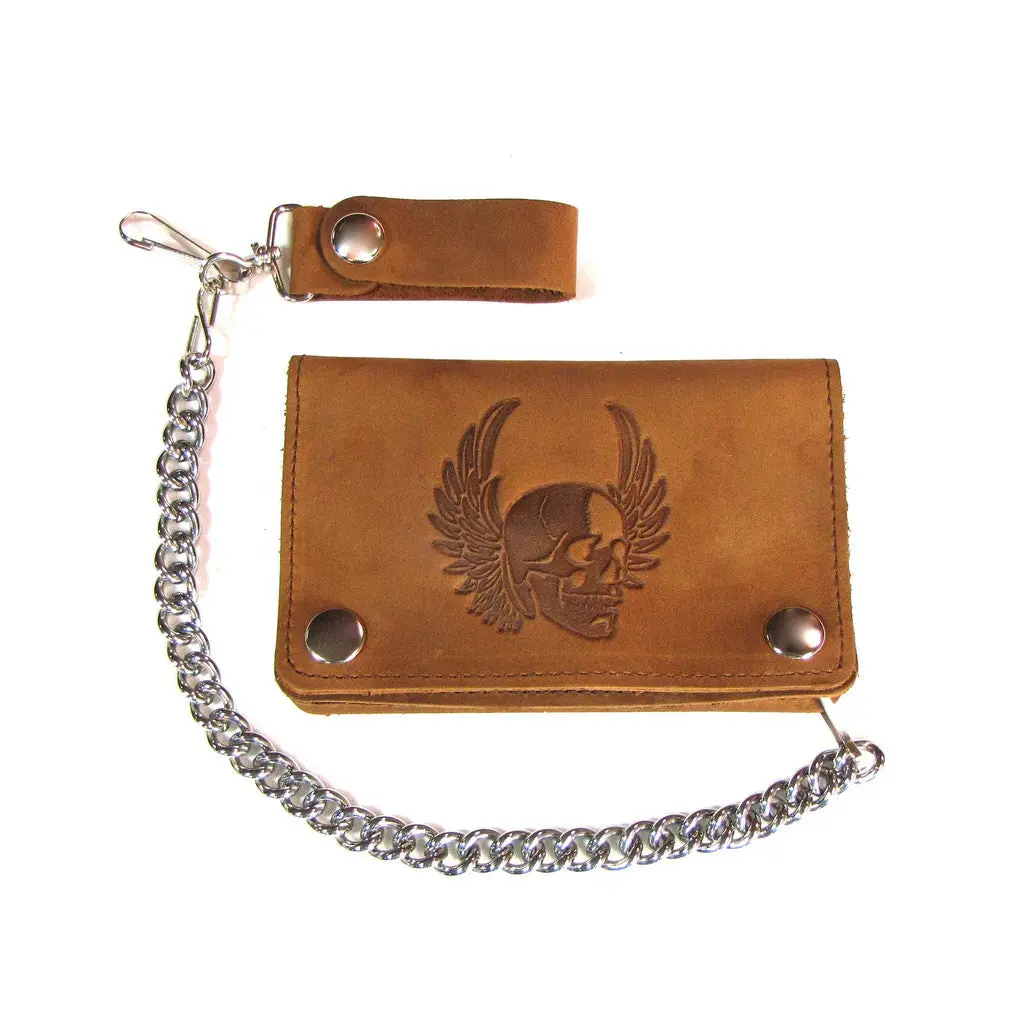 Usa-Made Bi-Fold Short Biker Wallet Skull Brown 1